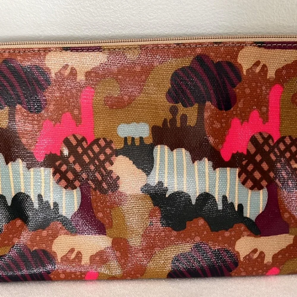 FOSSIL KeyPer Cosmetic Case Bag Coated Canvas Multicolor Abstract Zip Pouch 11X6